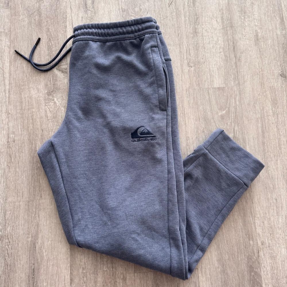 Quiksilver Mens Joggers Heather Grey Fleece Sweatpants Large Logo Tapered Cuffs